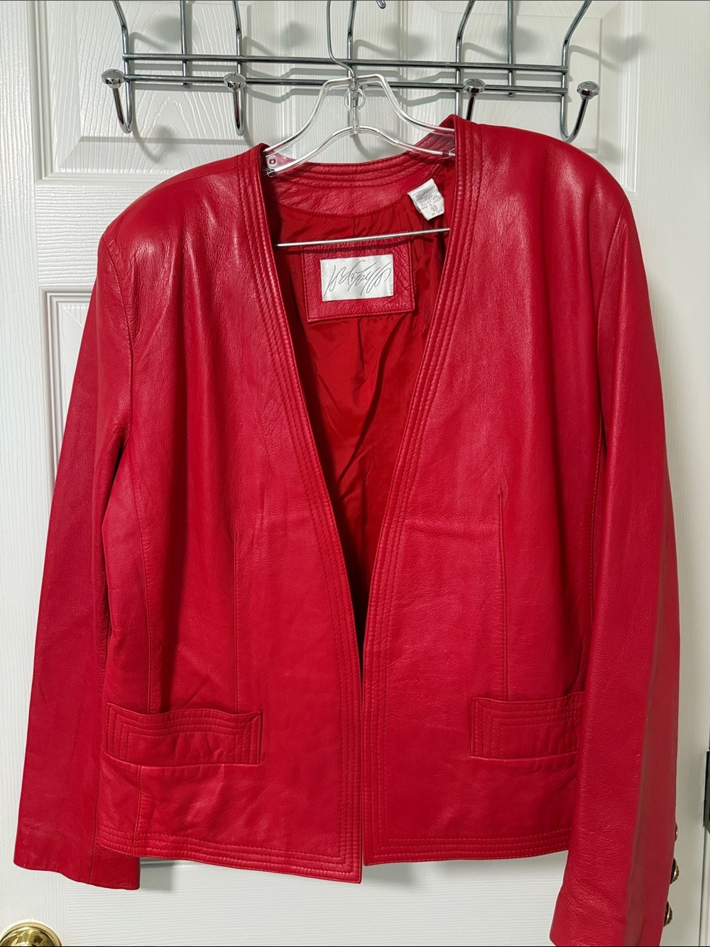 Lord & Taylor Vintage Cherry Red Lamb Nappa Leather Open-Front Jacket
